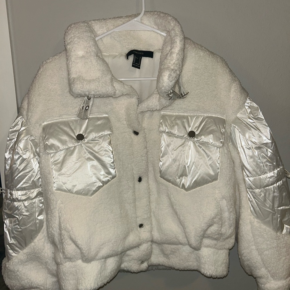 Forever 21 Cream Teddy Jacket with Metallic Accents